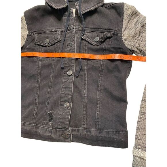 Mudd Black Denim Colorblock Hooded Jean Jacket Distressed Sweater Sleeve Grunge - Picture 13 of 15